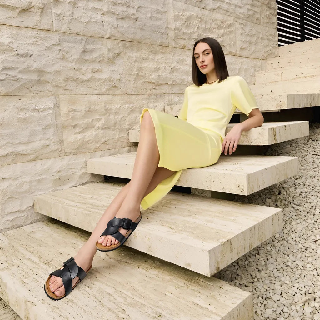 Woman in a yellow dress sitting on stone steps.
womens cork sandals
cork sandals
cork sandals womens