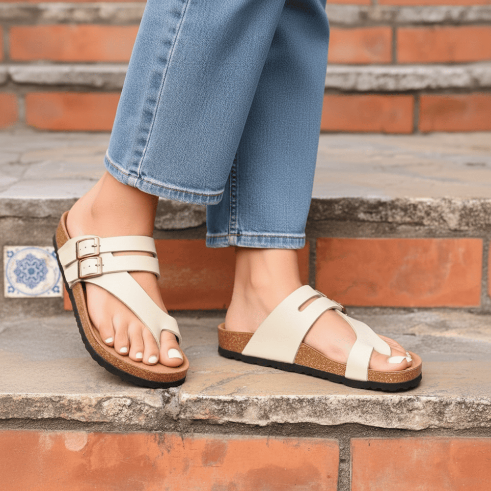 Person wearing beige sandals with brown soles on stone steps.
cork sandals
cork sandals womens
cork bed sandals women