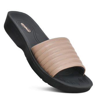 Maeve Arch Support Slide Sandals worn indoors on hardwood floors