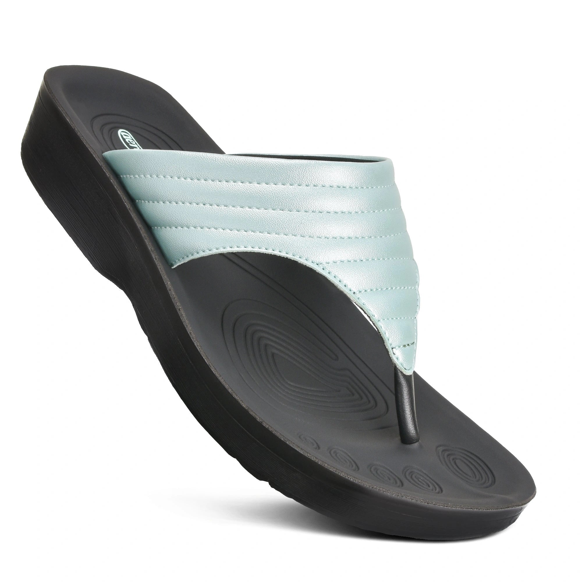 Black sandal with a light blue strap
comfortable sandals for plantar fasciitis​
best slippers for plantar fasciitis​