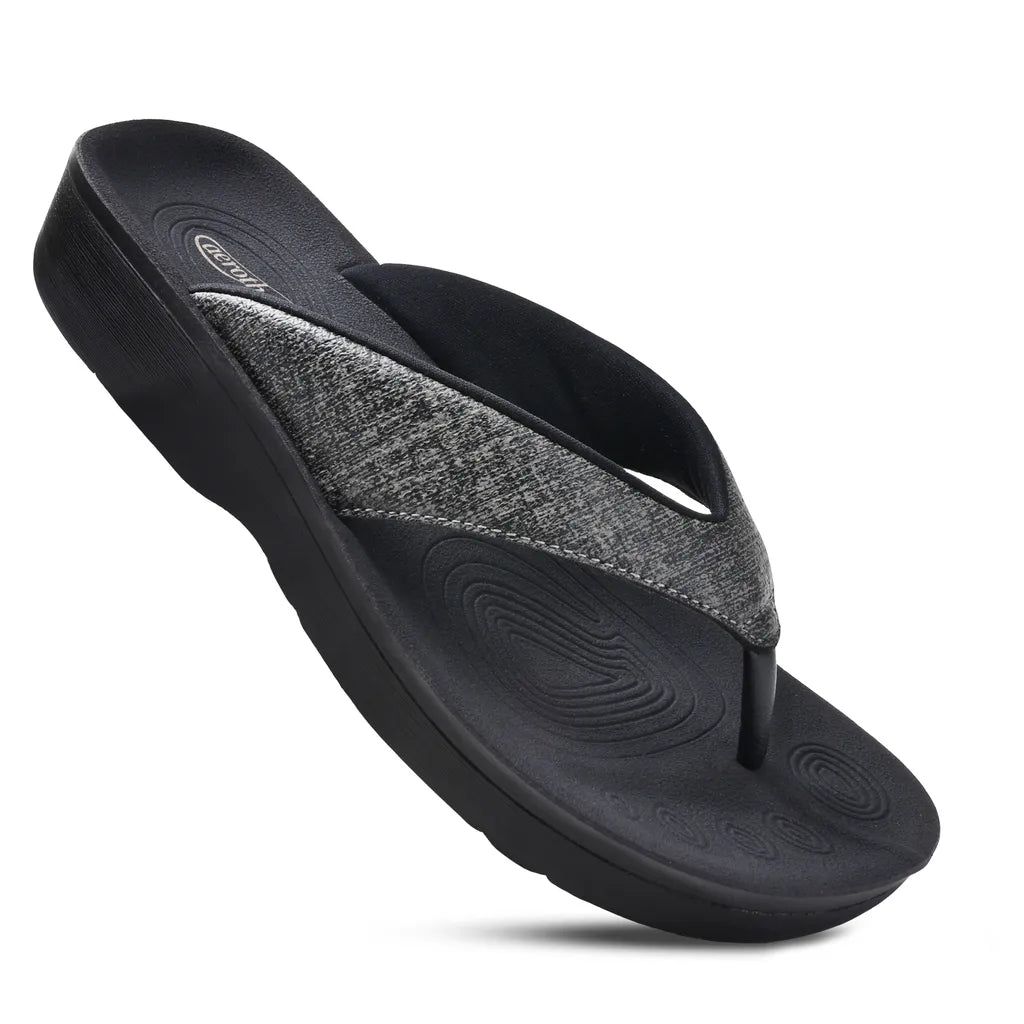 Black sandal with gray textured strap footwear for metatarsalgia
