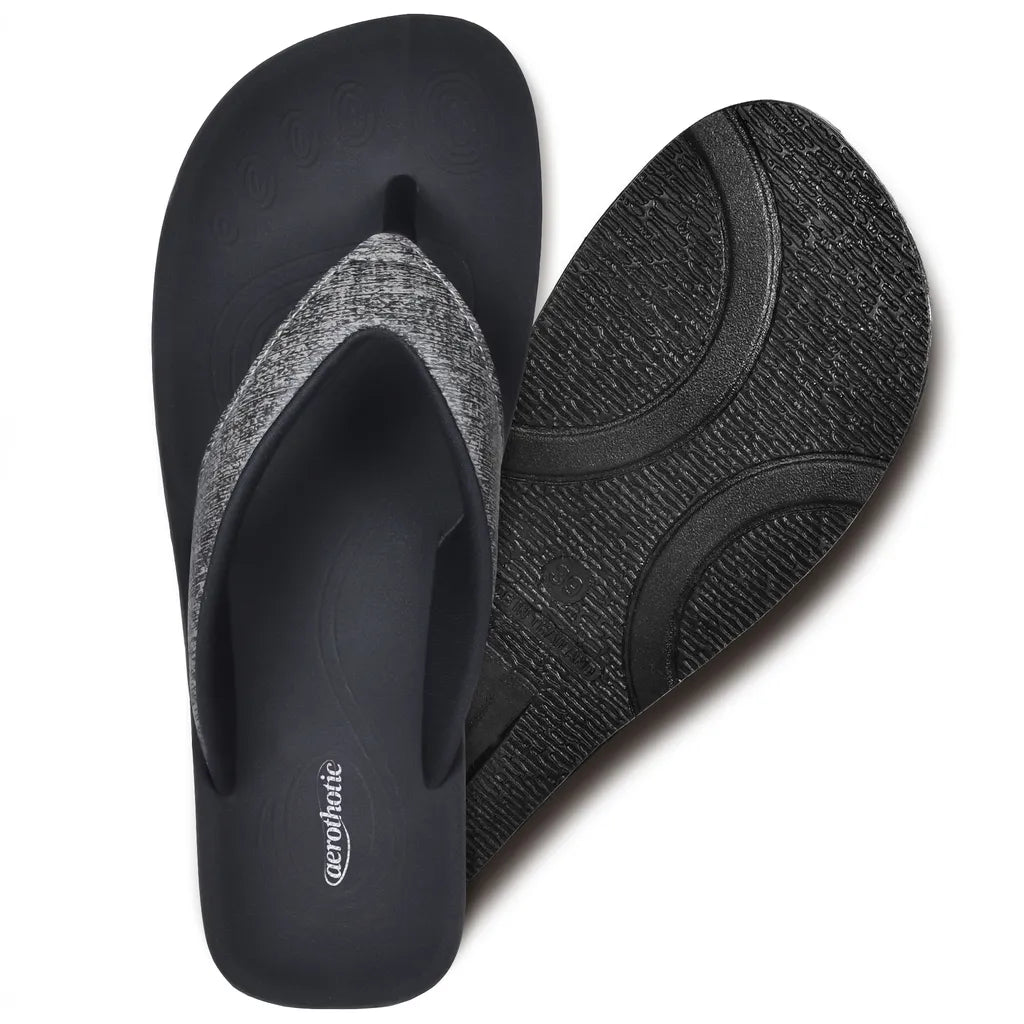 Black flip-flops with textured straps footwear for metatarsalgia
