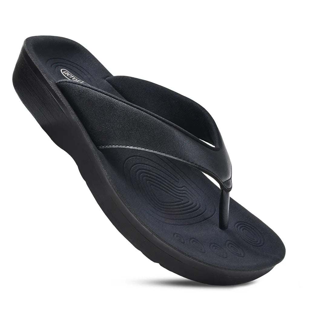 Aerothotic Pearly Fume sandal, black glossy thong with padded straps