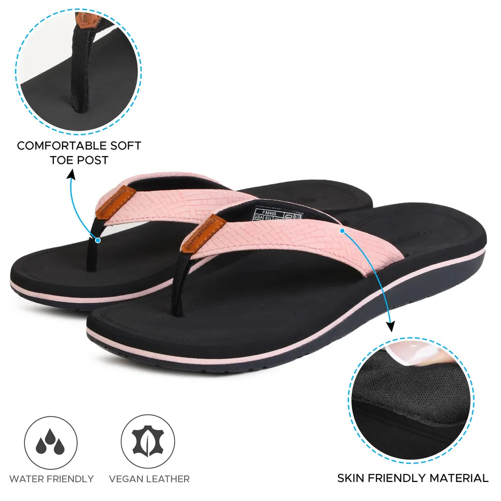 Black and pink flip-flops with comfort features 
best slippers for plantar fasciitis​
women's slippers for plantar fasciitis​
plantar fasciitis slippers for women​
