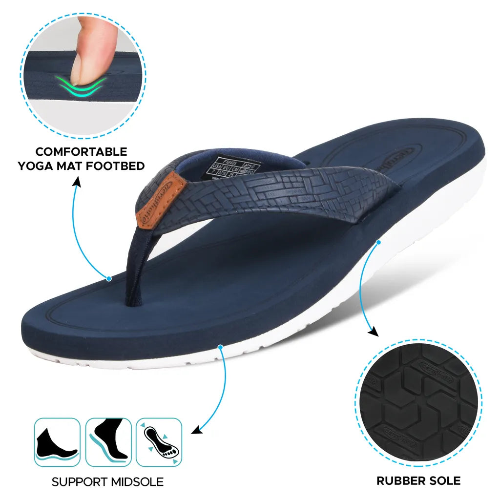 Navy blue sandal with features highlighted 
plantar fasciitis sandals​
sandals for plantar fasciitis​
best sandals for plantar fasciitis​