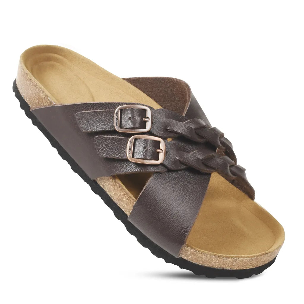Brown sandal with braided straps and buckles
cork sandals
cork sandals womens
cork bed sandals women
Cork Footbed