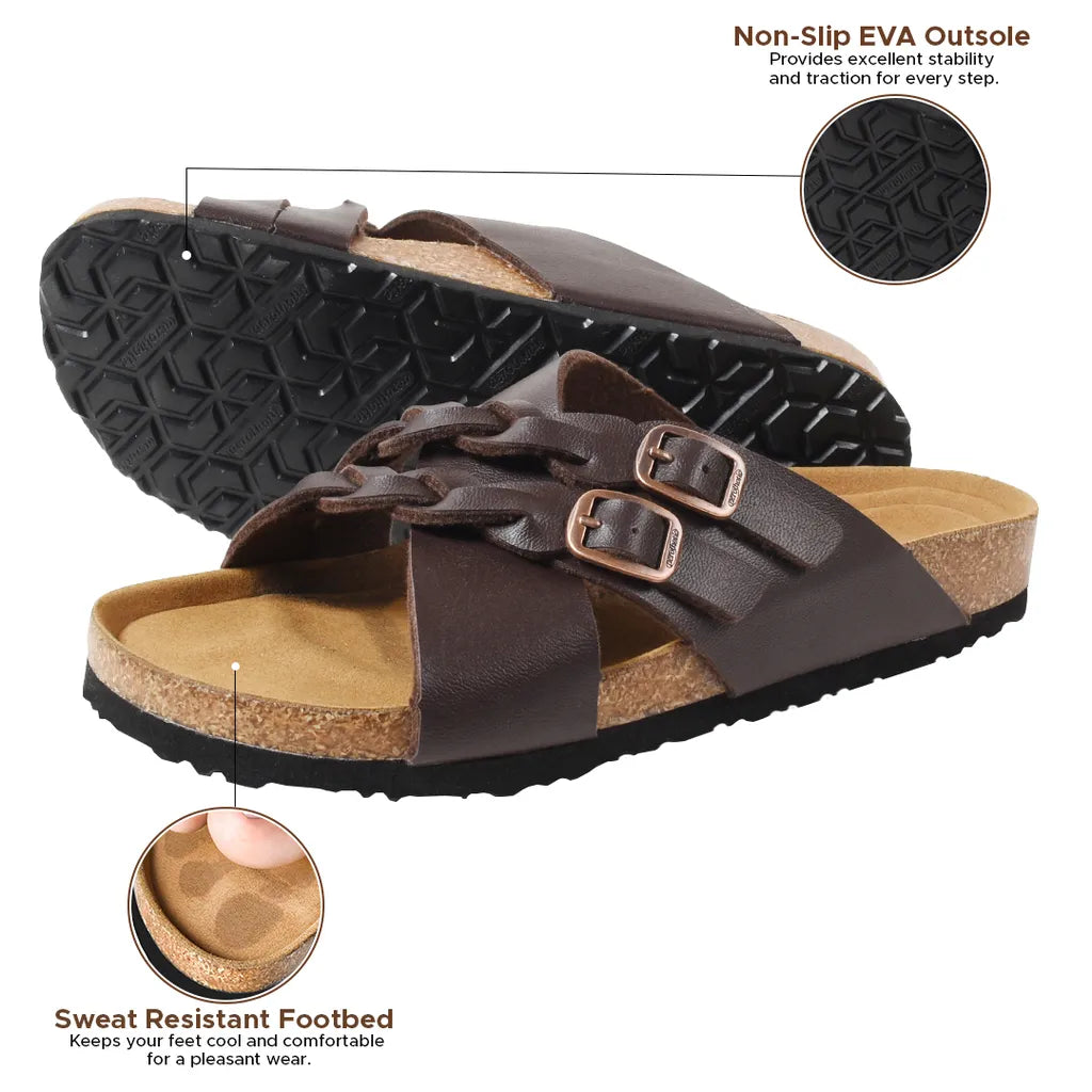 Brown sandals with a focus on the non-slip sole and sweat-resistant 
cork sandals
cork sandals womens
