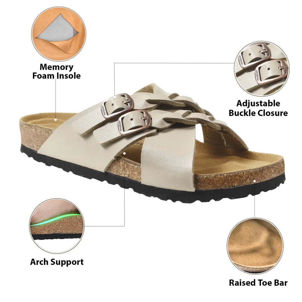 Suri Leather Comfy Memory Foam Footbed Cork Adjustable Buckle Slip on Outdoor Slides for Women
