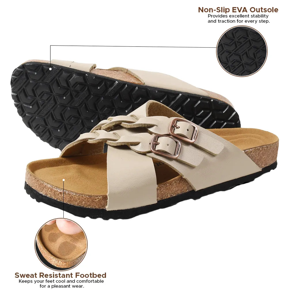 Suri Leather Comfy Memory Foam Footbed Cork Adjustable Buckle Slip on Outdoor Slides for Women