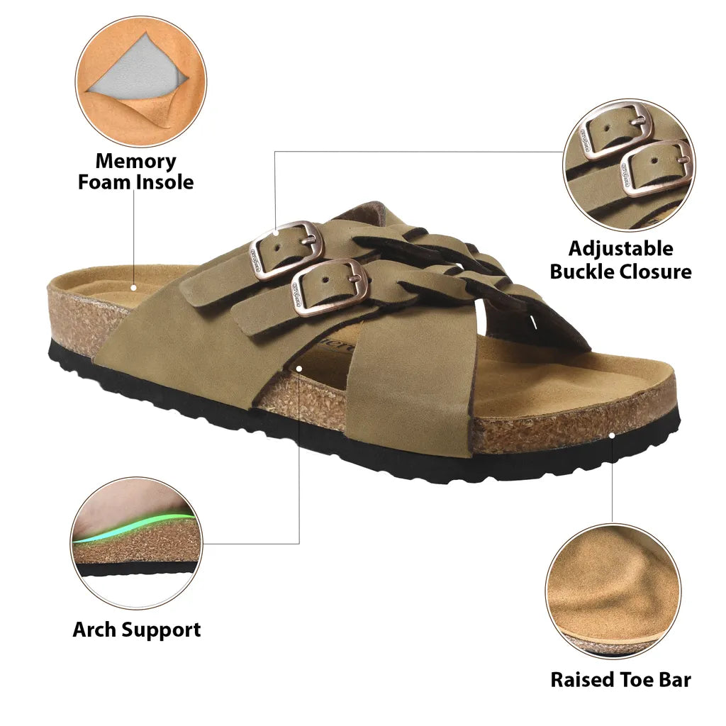 Suri Leather Comfy Memory Foam Footbed Cork Adjustable Buckle Slip on Outdoor Slides for Women