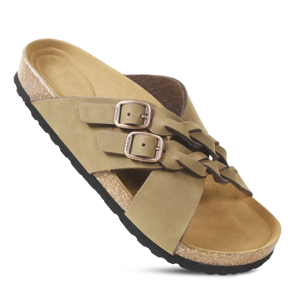 Suri Leather Comfy Memory Foam Footbed Cork Adjustable Buckle Slip on Outdoor Slides for Women