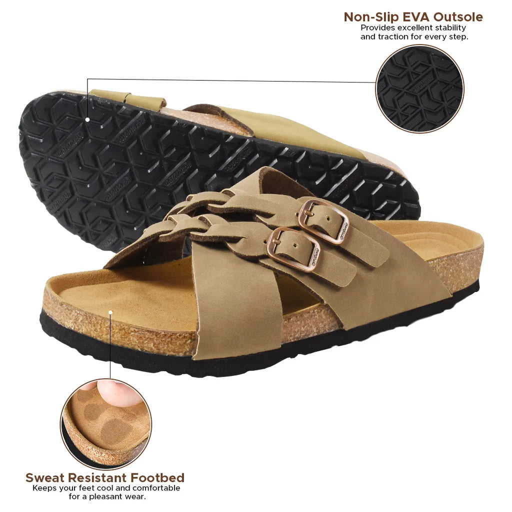Suri Leather Comfy Memory Foam Footbed Cork Adjustable Buckle Slip on Outdoor Slides for Women