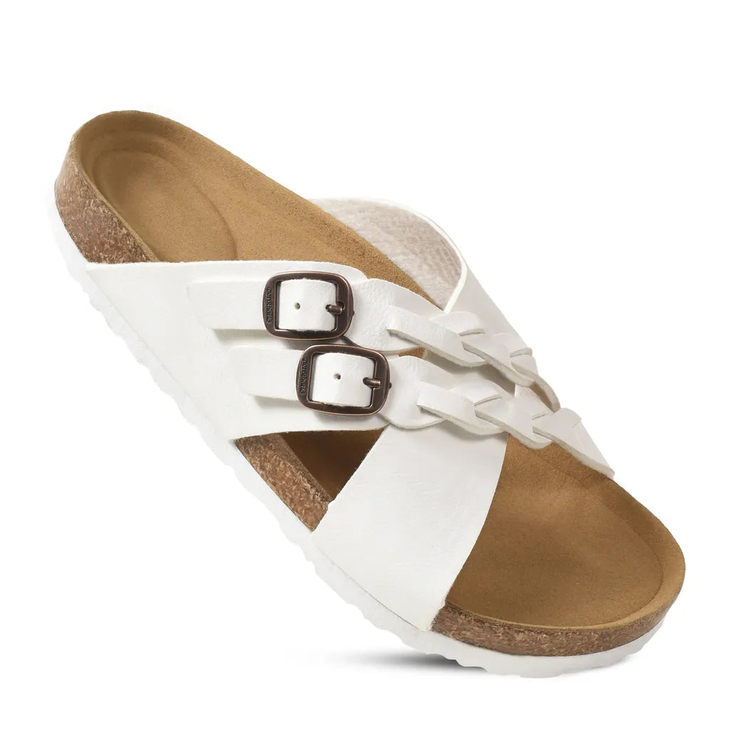 Suri Leather Comfy Memory Foam Footbed Cork Adjustable Buckle Slip on Outdoor Slides for Women