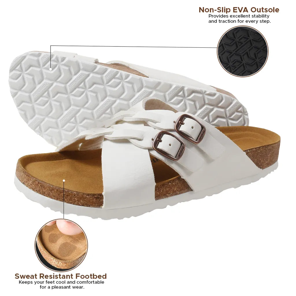 White sandals with brown soles and buckles
cork sandals
cork sandals womens
cork bed sandals women
Cork Footbed