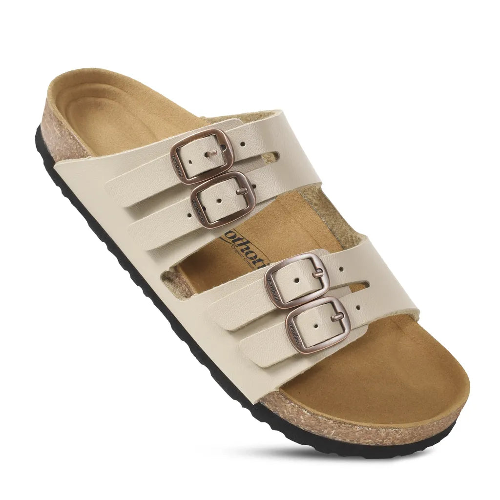 Tan sandal with white straps and buckles
womens cork sandals
cork sandals
cork sandals womens